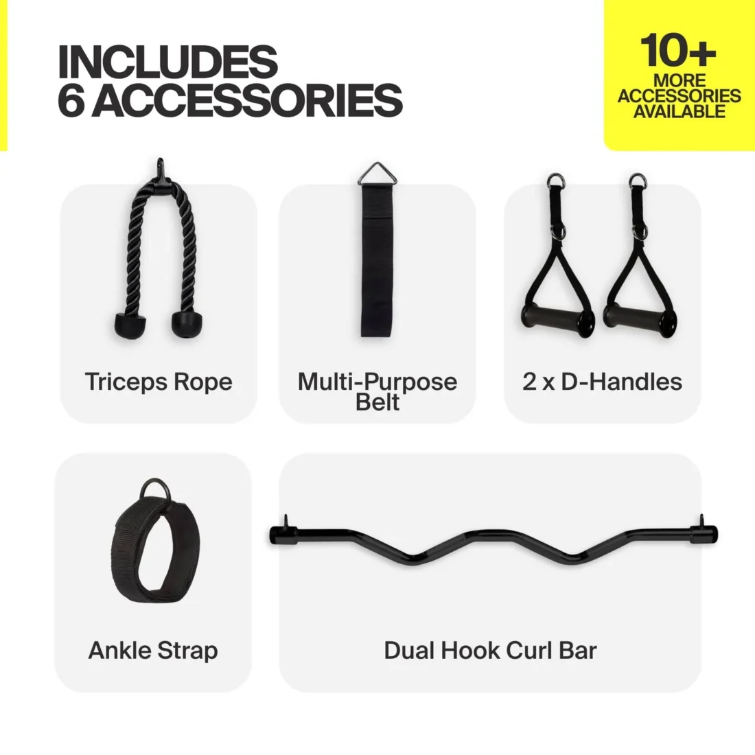 Inspire SF6 six included accessories: triceps rope, multi-purpose belt, two D-handles, ankle strap, dual hook curl bar