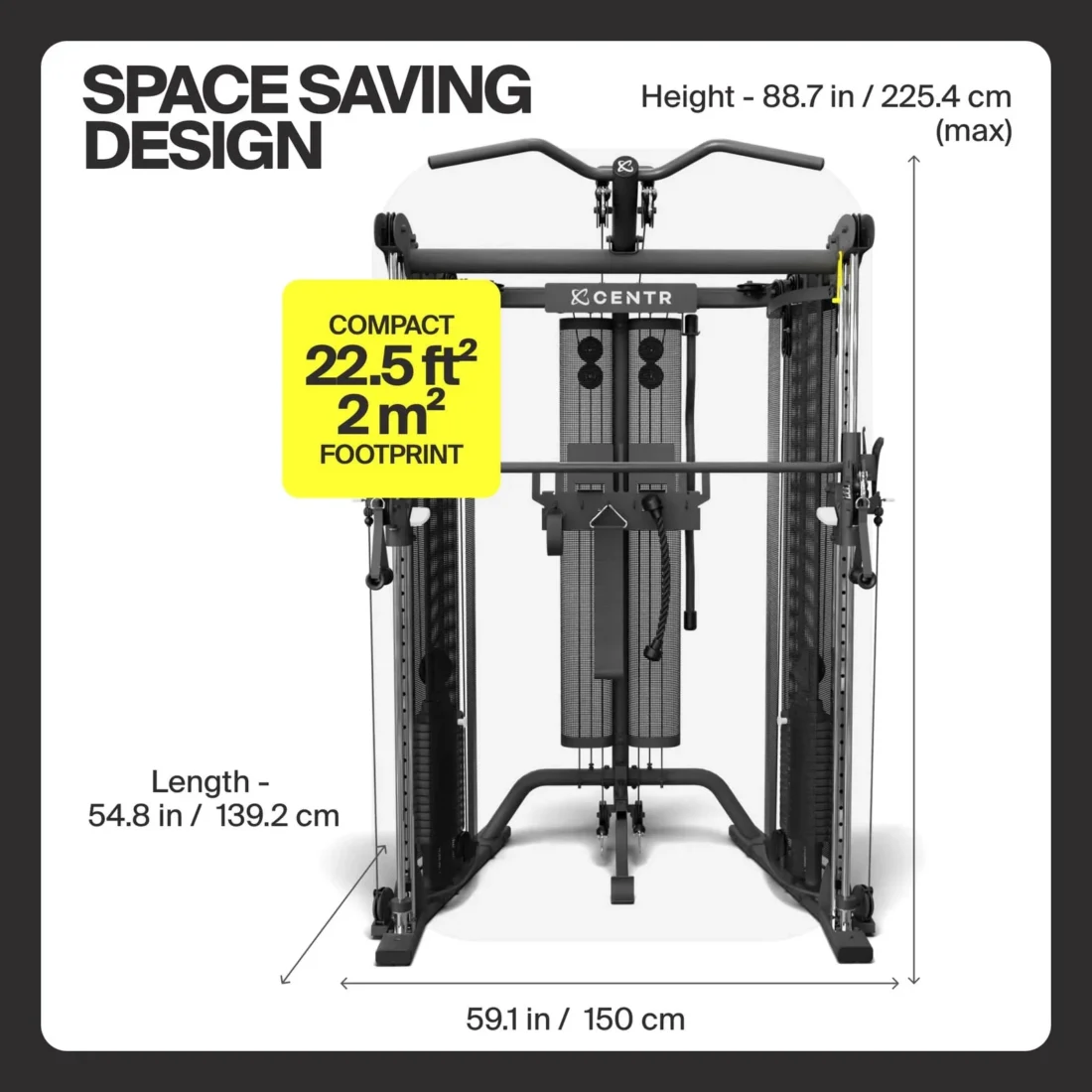 Inspire SF6 dimensions: 59.1 in long, 54.8 in wide, 88.7 in tall, 22.5 sq ft footprint