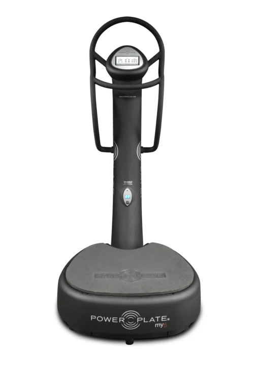 Upgraded 2026 Power Plate my5 whole body vibration platform in matte black, front view showing the new 5-inch touchscreen console