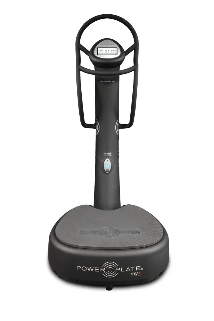 Upgraded 2026 Power Plate my5 whole body vibration platform in matte black, front view showing the new 5-inch touchscreen console