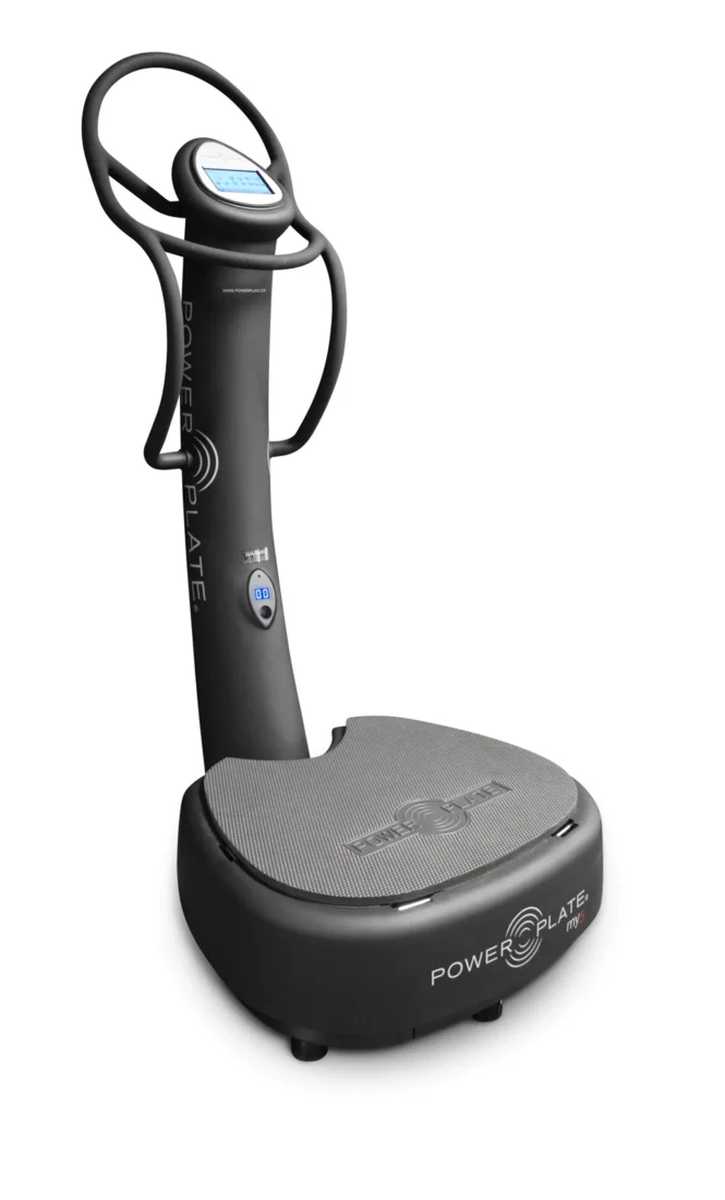 Upgraded 2026 Power Plate my5 vibration platform viewed from the front-left angle, showing the textured platform and column