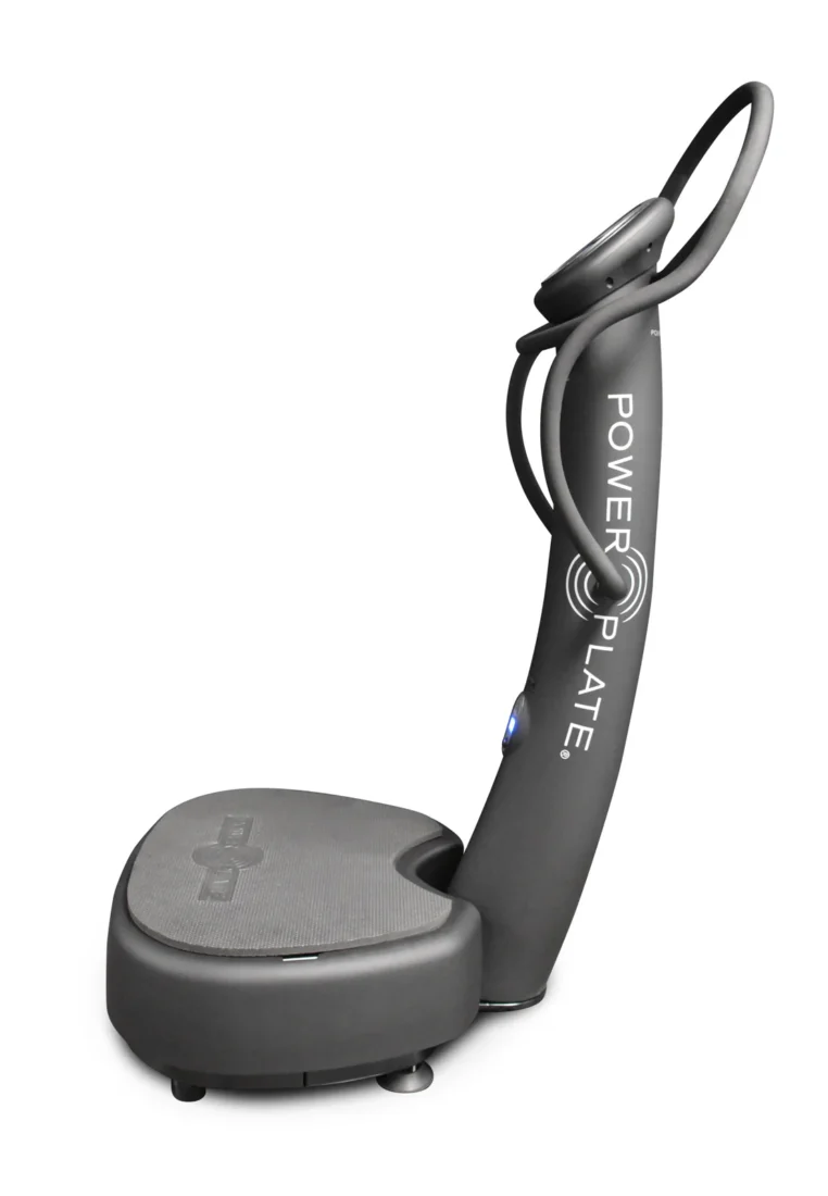 Upgraded 2026 Power Plate my5 vibration platform in profile from the right side, showing column depth and handle loop