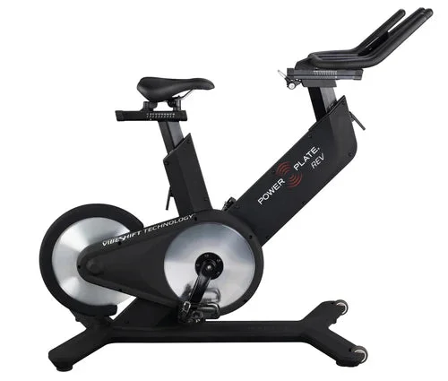 Power Plate REV upright exercise bike in matte black, extra height frame, studio view on white