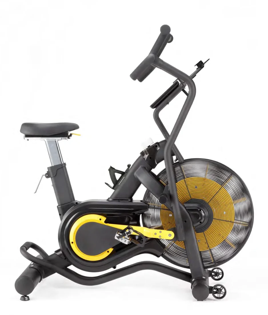 Side view of the Renegade Air Bike Unlimited Mag showing the magnetic resistance knob, seat adjustment and transport wheels