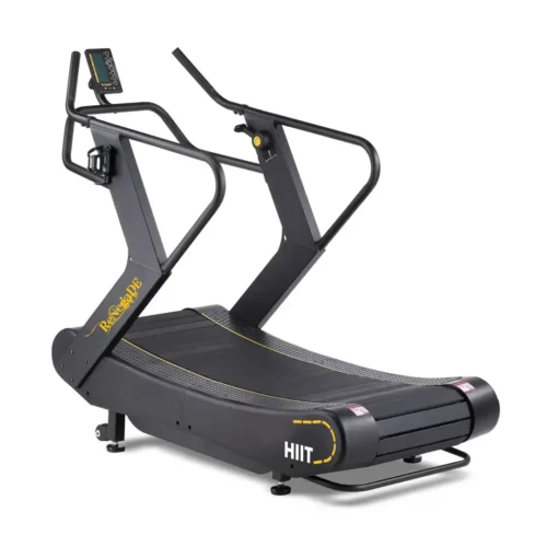 Renegade Ultra Runner Plus 2 self-powered curved treadmill with 19-inch slats, dual-tier handlebars and 6-level magnetic resistance, front three-quarter view