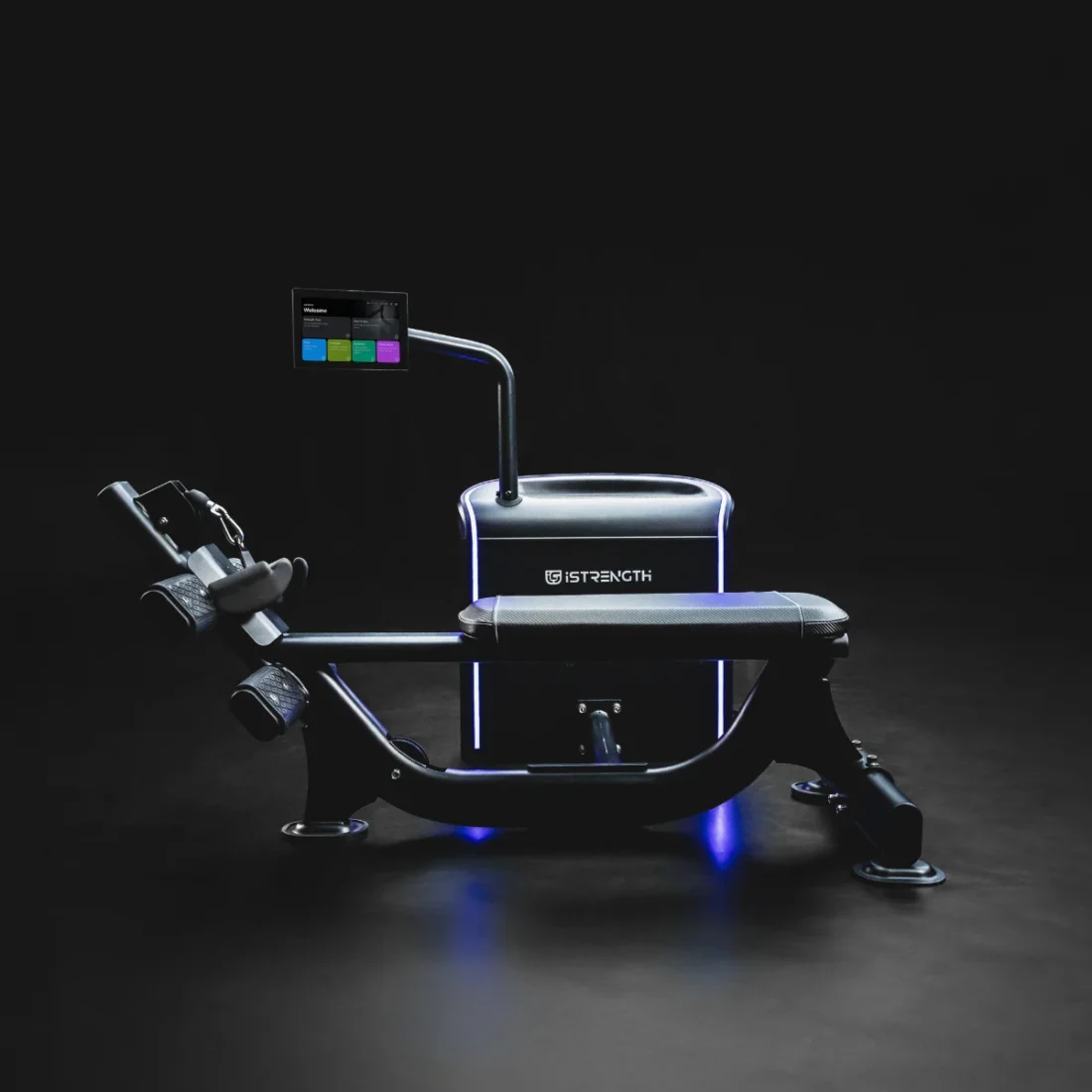 Spirit Fitness CSI-LROW i-Strength Low Row commercial strength equipment, angled view with lit base