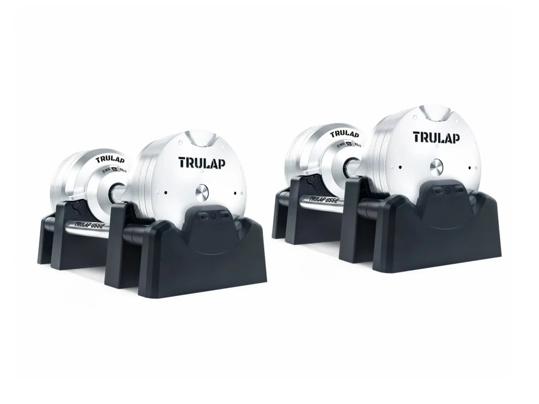 End-on view of the Trulap 8552 G4 pair showing the logo end plates and docking base shape