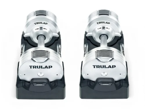 Trulap 8552 G4 adjustable dumbbell pair seated in their docking bases, front view showing the Trulap logo plates