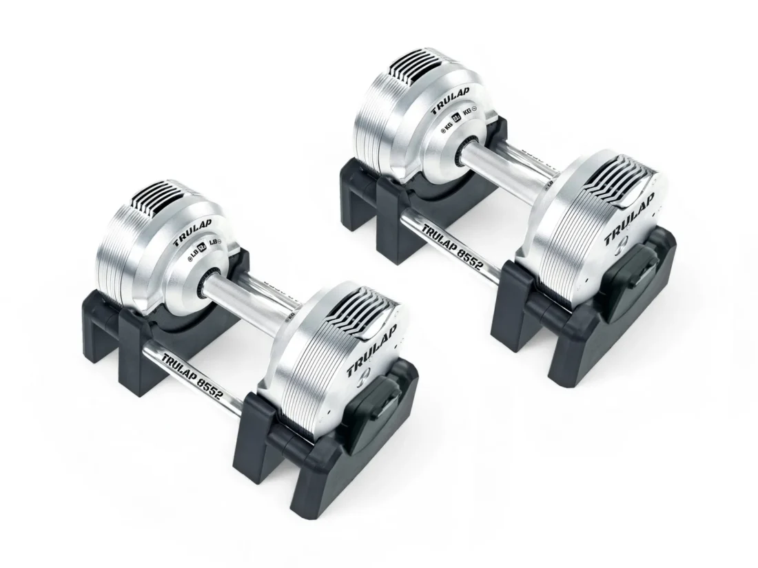 Trulap 8552 G4 dumbbell pair from the rear three-quarter angle with the selector dials visible