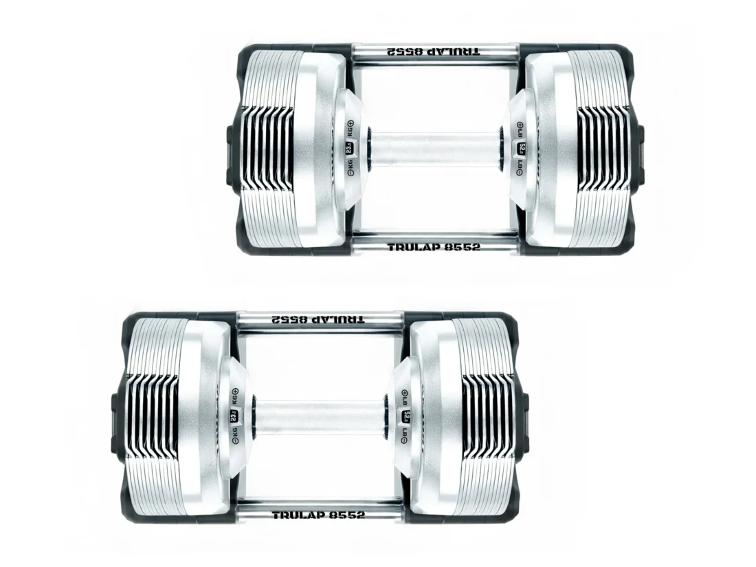 Overhead view of the Trulap 8552 G4 dumbbells in their docking bases