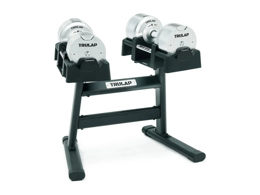 Trulap 8552 G4 dumbbells on the G2 stationary rack from a three-quarter angle