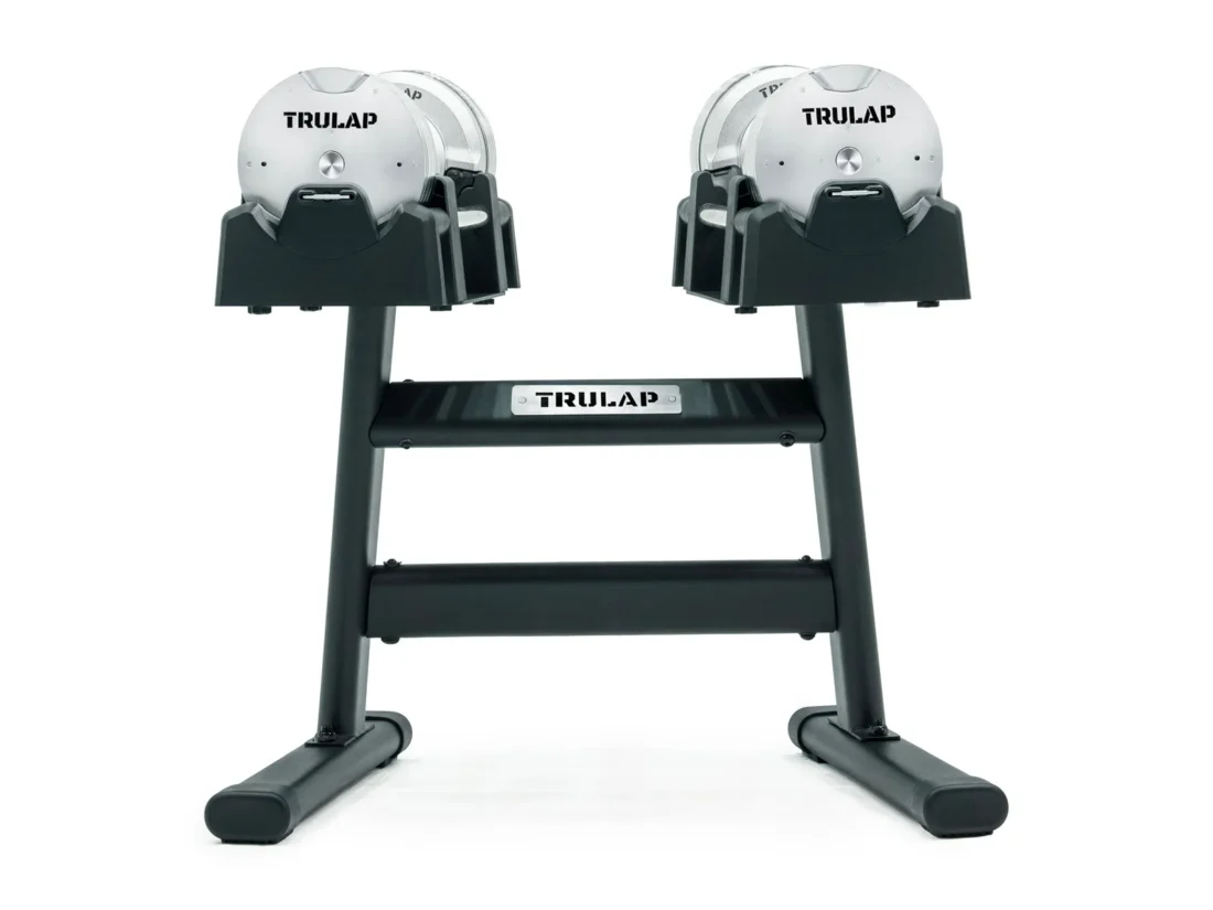Trulap 8552 G4 dumbbell pair mounted on the G2 rack, front view