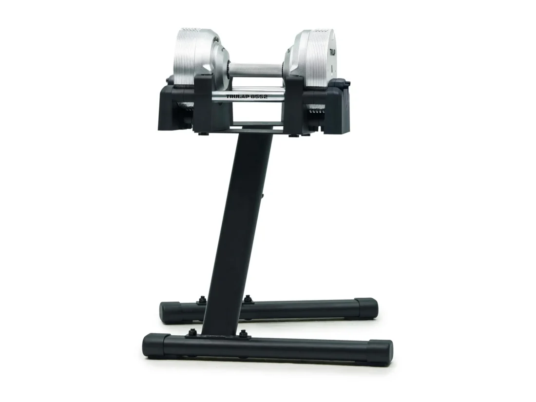 Opposite-side profile of the Trulap 8552 G4 dumbbells docked on the G2 rack, showing the TRULAP 8552 base bar
