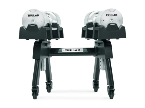 Trulap 8552 G4 dumbbell pair on the G3 mobile rack at its low setting, front view