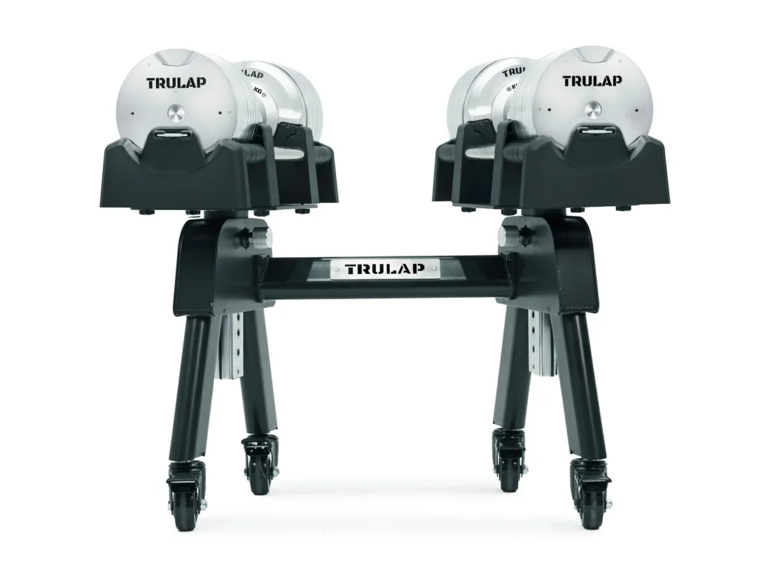 Trulap 8552 G4 dumbbell pair on the G3 mobile rack at its low setting, front view