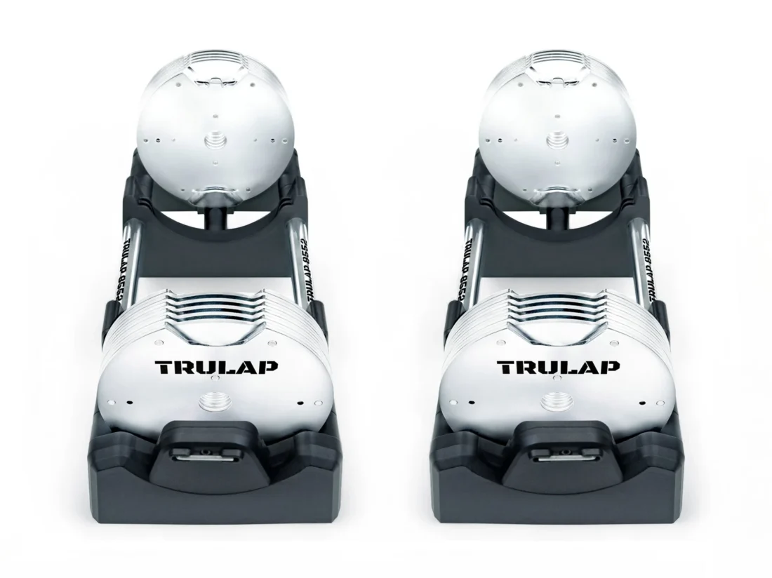 Trulap 8552 to 8592 Expansion Kit installed on a dumbbell pair, front view in the docking bases