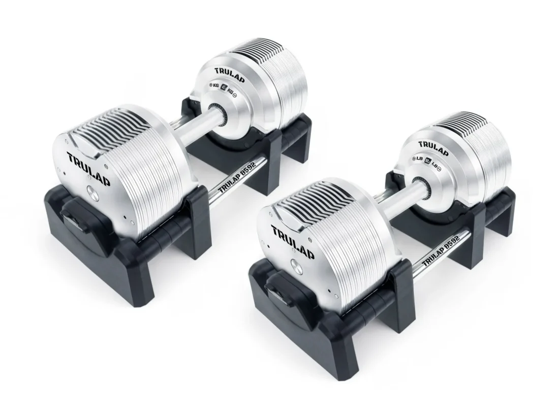 Trulap 8592 G4 dumbbells from a three-quarter angle showing the full plate stack and aluminum handle