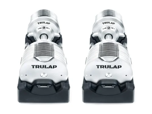 Trulap 8592 G4 adjustable dumbbell pair in their docking bases, front view with the Trulap logo plates