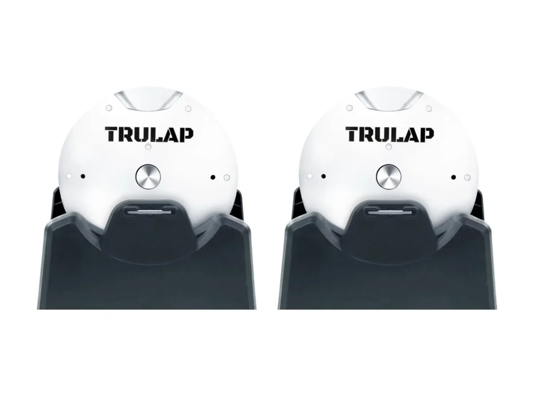 Head-on view of the Trulap logo end plates on the 8592 G4 dumbbells in their bases
