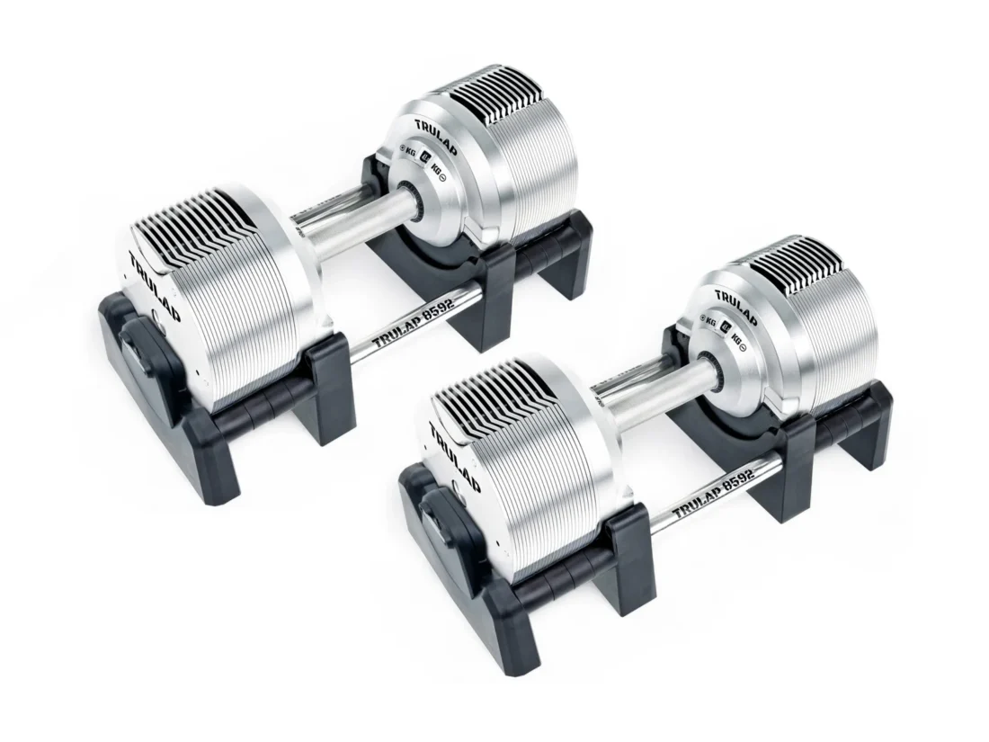 Rear three-quarter view of the Trulap 8592 G4 dumbbells in their bases
