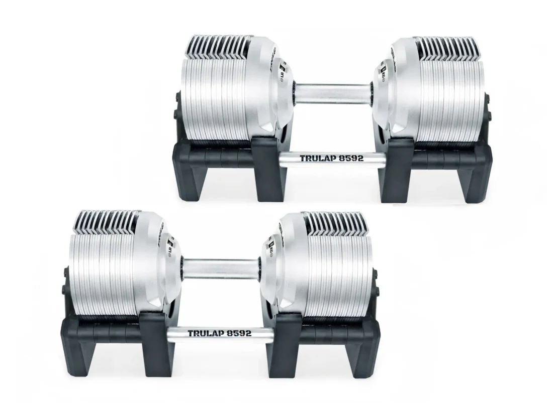 Side profile of both Trulap 8592 G4 dumbbells showing the long plate stack at full length