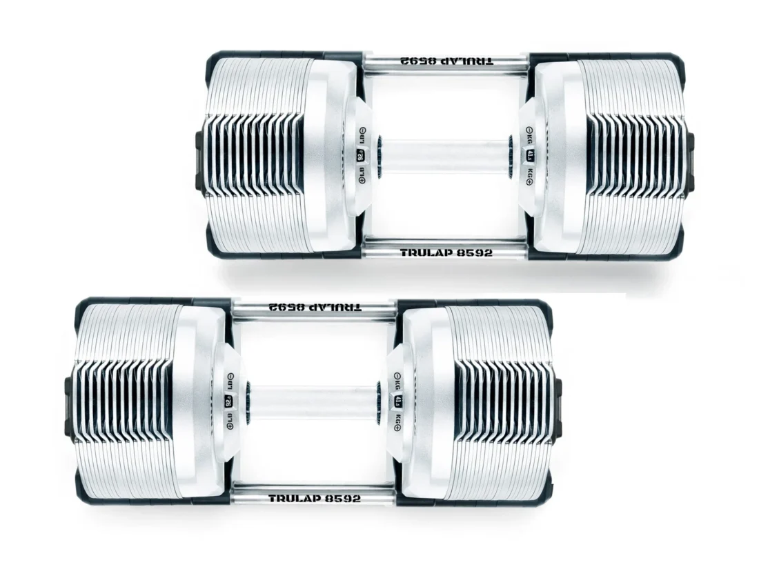 Overhead view of the Trulap 8592 G4 dumbbells resting in their docking bases