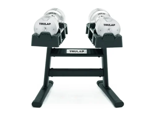 Trulap 8592 G4 dumbbell pair mounted on the G2 rack, front view