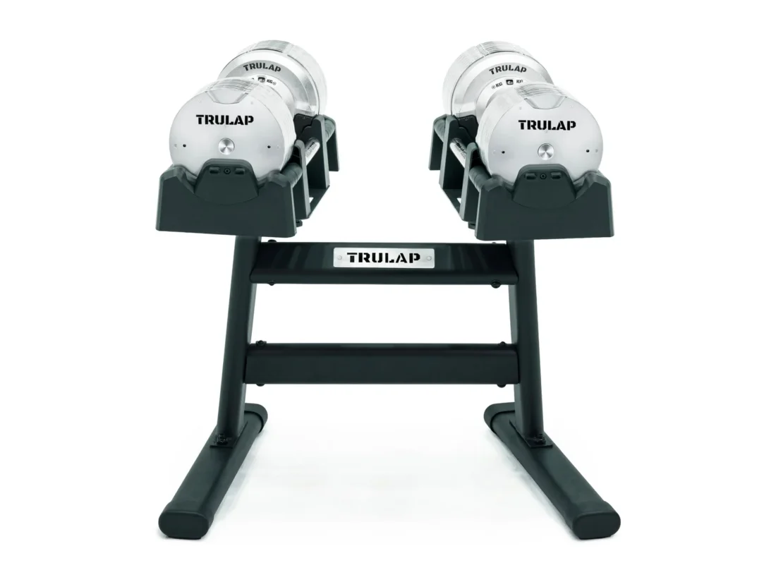 Trulap 8592 G4 dumbbell pair mounted on the G2 rack, front view