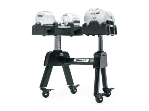 Trulap 8592 G4 dumbbell pair on the G3 mobile rack with caster wheels, front three-quarter view