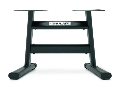 Trulap G2 dumbbell rack front view: black steel H-frame with two docking plates on top