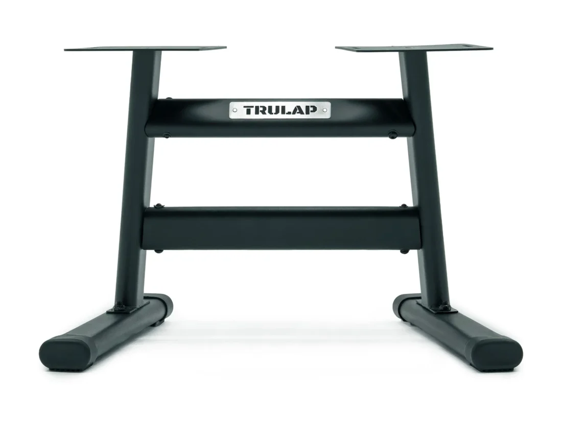 Trulap G2 dumbbell rack front view: black steel H-frame with two docking plates on top