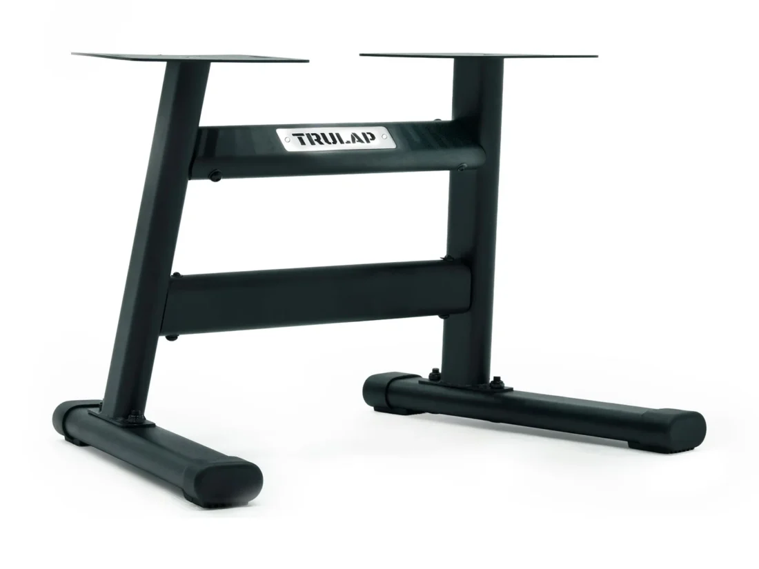 Trulap G2 dumbbell rack from the left three-quarter angle with crossbars and base legs