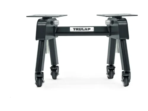 Trulap G3 height-adjustable mobile dumbbell rack, front view at its lowest setting